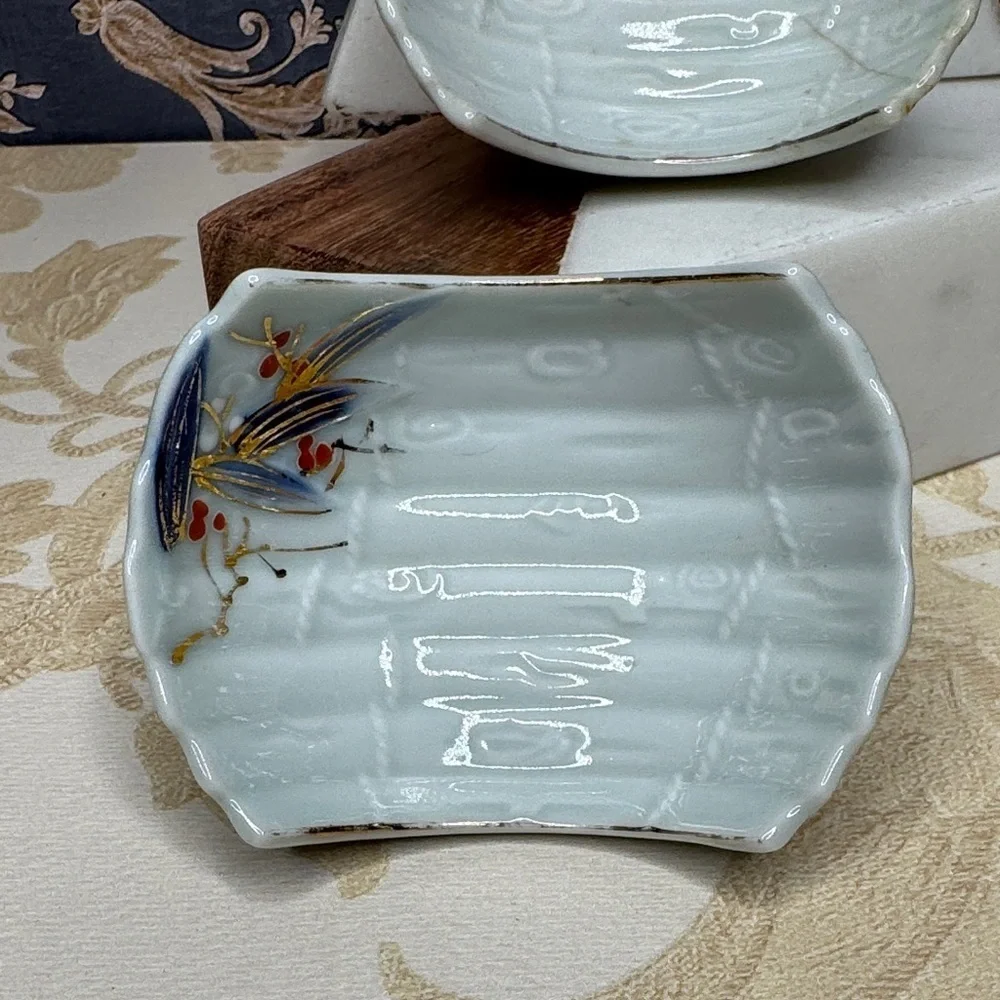 Vintage Pair Japanese Painted Butter Dish Y.Y Lobster Logo Yonemoto Store Hawaii
